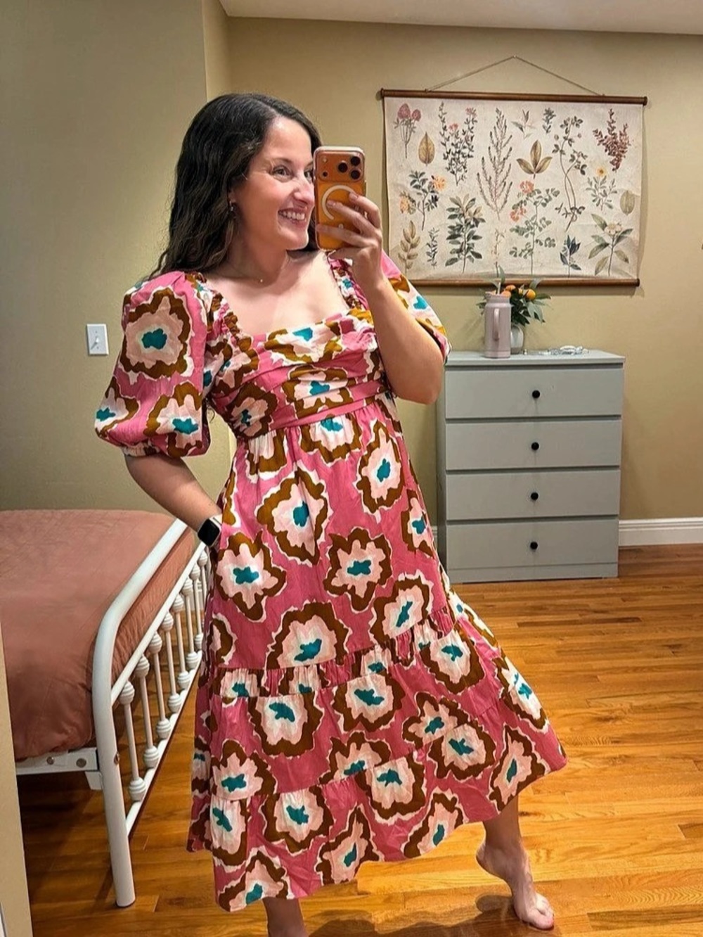 Crosby by Mollie Burch Floral Print Midi Dress Square Neckline in Pink Size XS